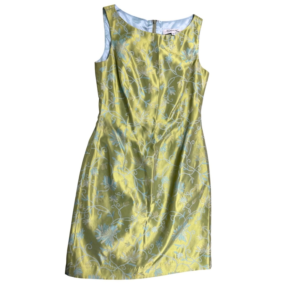 Vintage Kathlin Argiro 4 Yellow Blue Floral Brocade Sheath Dress Sleeveless Y2K